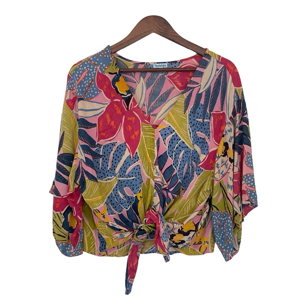 Nostalgia Tropical Floral Womens Tie Front Blouse Size L Multi Color Rayon Boho